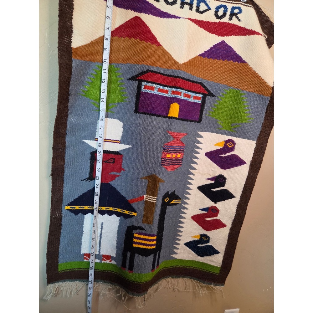 Vintage Handwoven Ecuador Wool Wall Hanging Folk Art Llama Mountain Textile - Picture 3 of 5